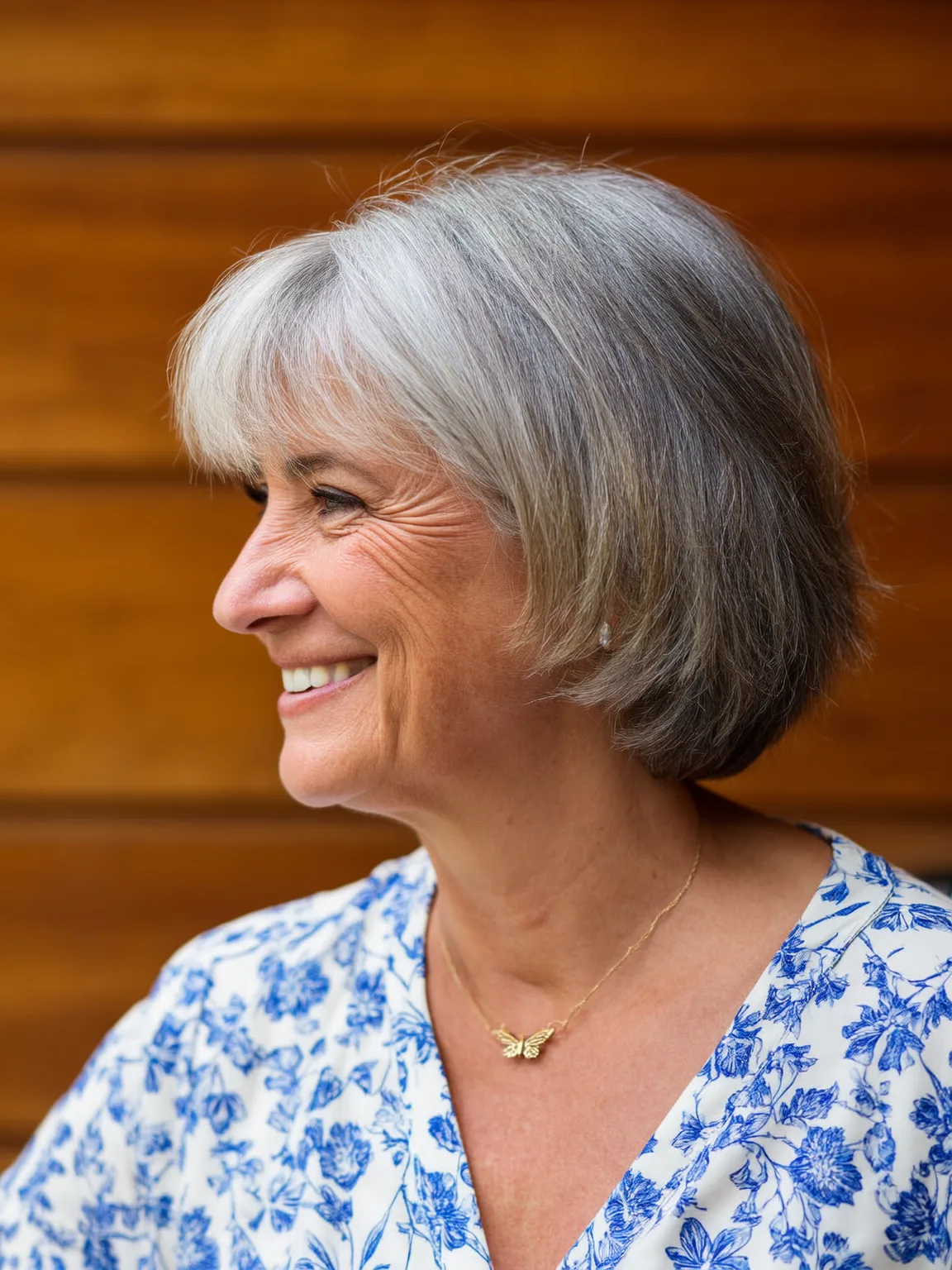 Chin-Length Silver Gray Straight Bob with Blunt Bangs
